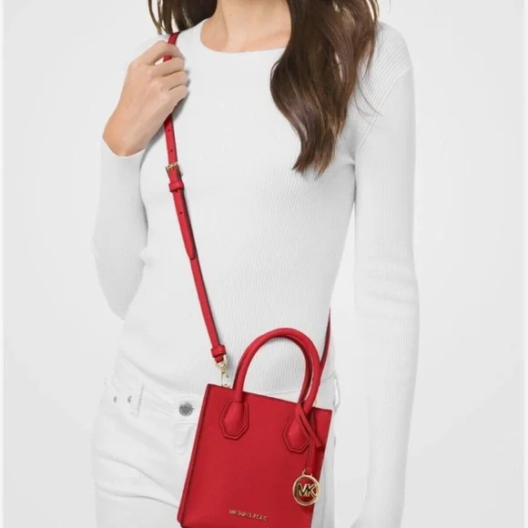NWT Michael Kors Mercer Red Leather Mini Crossbody Bag - Picture 2 of 9